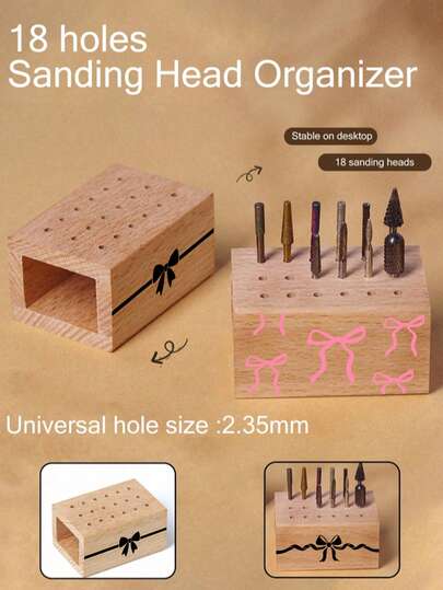 Caja de almacenamiento para cabezales de pulido con diseño de lazo, soporte de exhibición de escritorio con textura de madera para cabezales de pulido, herramienta de almacenamiento para salón de uñas