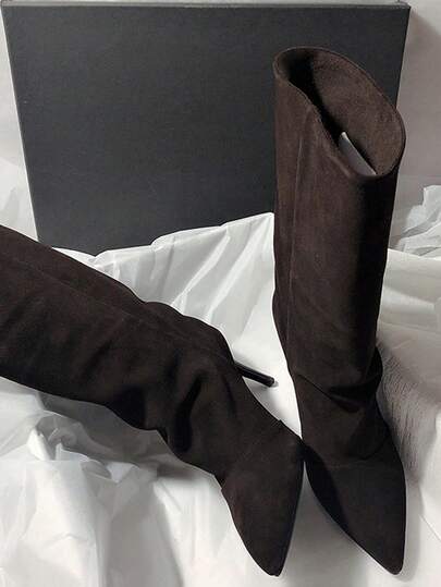 Sonbahar/Kış Kadın Sivri Burunlu Süet Yüksek Topuklu Uzun Botlar, Zarif Kovboy Batı Tarzı