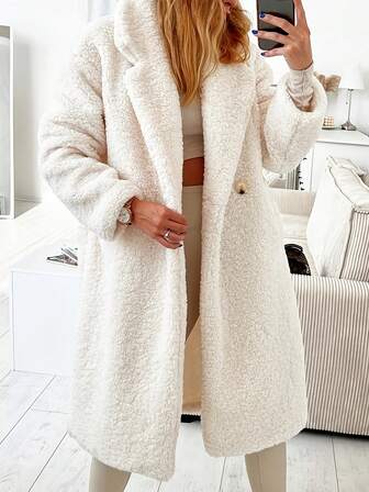 及膝纯色柔软抓绒家居服，带纽扣口袋，秋冬季