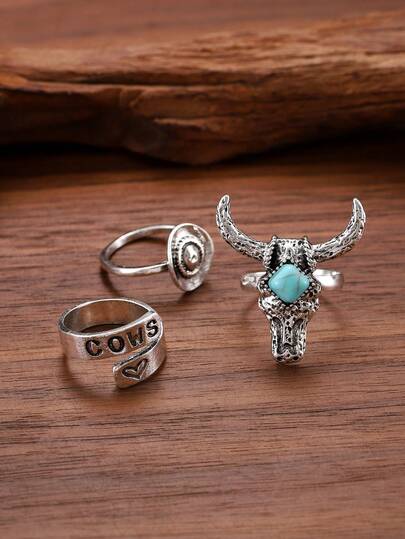 Set de 3 anillos de estilo occidental, sombrero de vaquero vintage, vaca, anillos ajustables con girasol de turquesa y caos, anillos de banda abierta, accesorios para fiestas, regalos