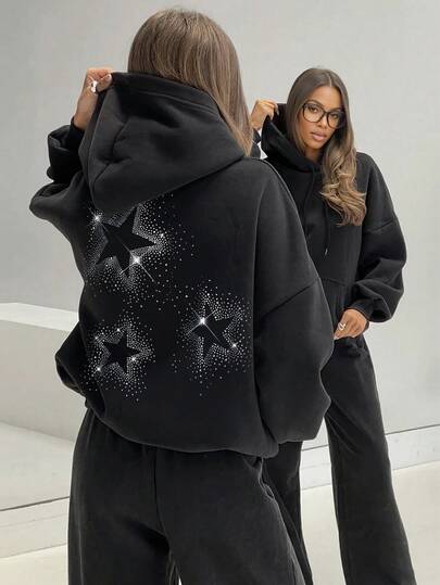 ملابس علوية نسائية فضفاضة مزودة بقلنسوة، ملابس علوية مزينة بأجنحة ملاك مرصعة بالراين