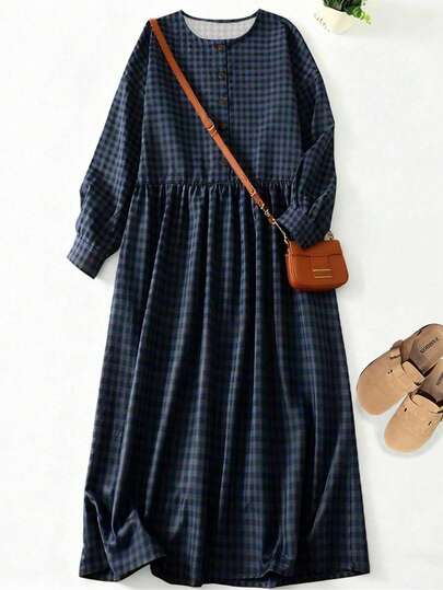 Vestido largo de manga larga con contraste de cuadros retro para mujer, vestido largo casual suelto para otoño