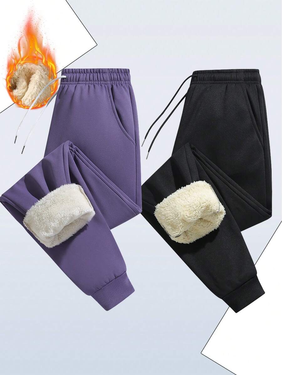 女士冬季保暖抓绒运动裤 - 高腰弹力腰带运动休闲裤，适合跑步、瑜伽等运动 - 紫色 - 查看 1