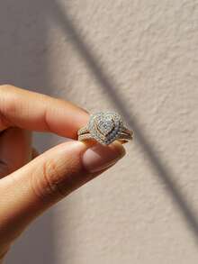 Bộ 2 nhẫn hình trái tim bằng bạc 925 đính đá Cubic Zirconia lấp lánh - Phụ kiện đa năng dành cho nữ, phù hợp cho đi làm hàng ngày và dự tiệc, món quà thanh lịch chất lượng cao. - Vàng - Xem 3