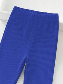 女童纯色竖条纹高弹舒适公主风长款打底裤，春夏新品，女童喇叭高腰弹力荷叶边休闲阔腿裤 - 寶藍色 - 查看 3