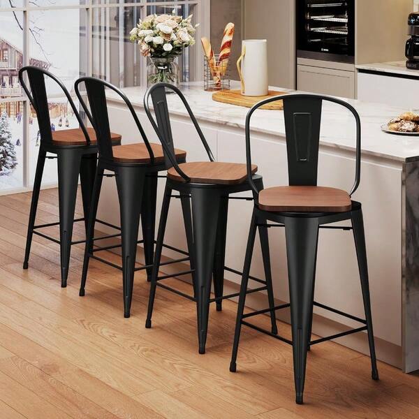 Swivel Metal Bar Stools With Backs Counter Stools Set Of 4 Counter Height Stools High Back Bar Chairs 24 Inch Barstools Farmhouse Matte Black