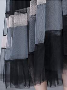秋冬新款拼接网纱多层不对称下摆半身裙，百搭弹力腰褶裥纱裙，柔美浪漫风 - 黑色 - 查看 6