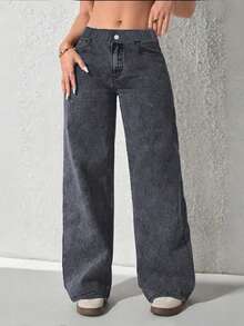 1pc Loose Casual Denim Effect Pants, Suitable For School And All Seasons - Dark Grey - View 2