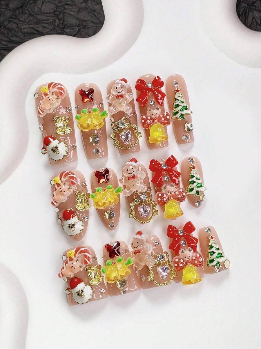 10片圣诞主题美甲套装,裸色假指甲,亚克力按压式美甲,图案包括圣诞老人、圣诞熊、圣诞树、驯鹿、星星、拐杖糖、圣诞铃铛、姜饼人、圣诞花环、红色蝴蝶结美甲饰品 - 彩色 - 查看 1