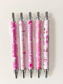 5支粉色情人节圆珠笔，包含蛋糕、爱心、信封等节日元素，高品质按压式笔，新颖的婚礼季派对笔，情人节婚礼派对礼物