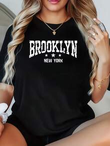 1 Pcs Women's With Brooklyn New York Letter Print Plus Size T-Shirt Funny Oversized Graphic Short Sleeve Tee Novelty 100% Polyester Shirt Casual Crew Neck Top 220g - 黑色 - 查看 1