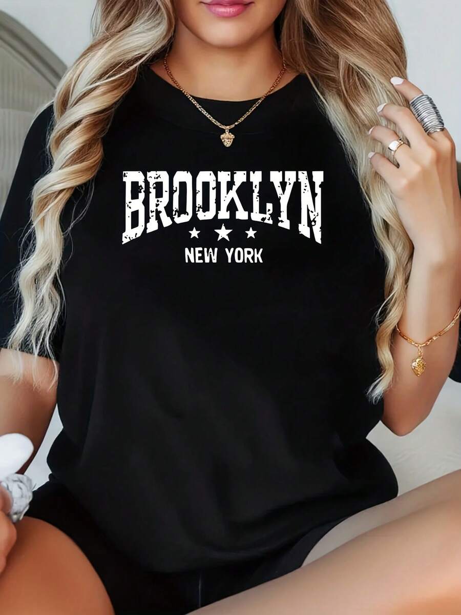 1 Pcs Women's With Brooklyn New York Letter Print Plus Size T-Shirt Funny Oversized Graphic Short Sleeve Tee Novelty 100% Polyester Shirt Casual Crew Neck Top 220g - 黑色 - 查看 1