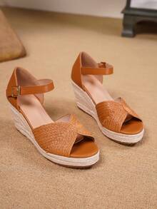 女士坡跟凉鞋，拉菲草编织露趾搭扣高跟鞋，时尚夏季派对及度假高跟凉鞋 - 棕色 - 查看 13