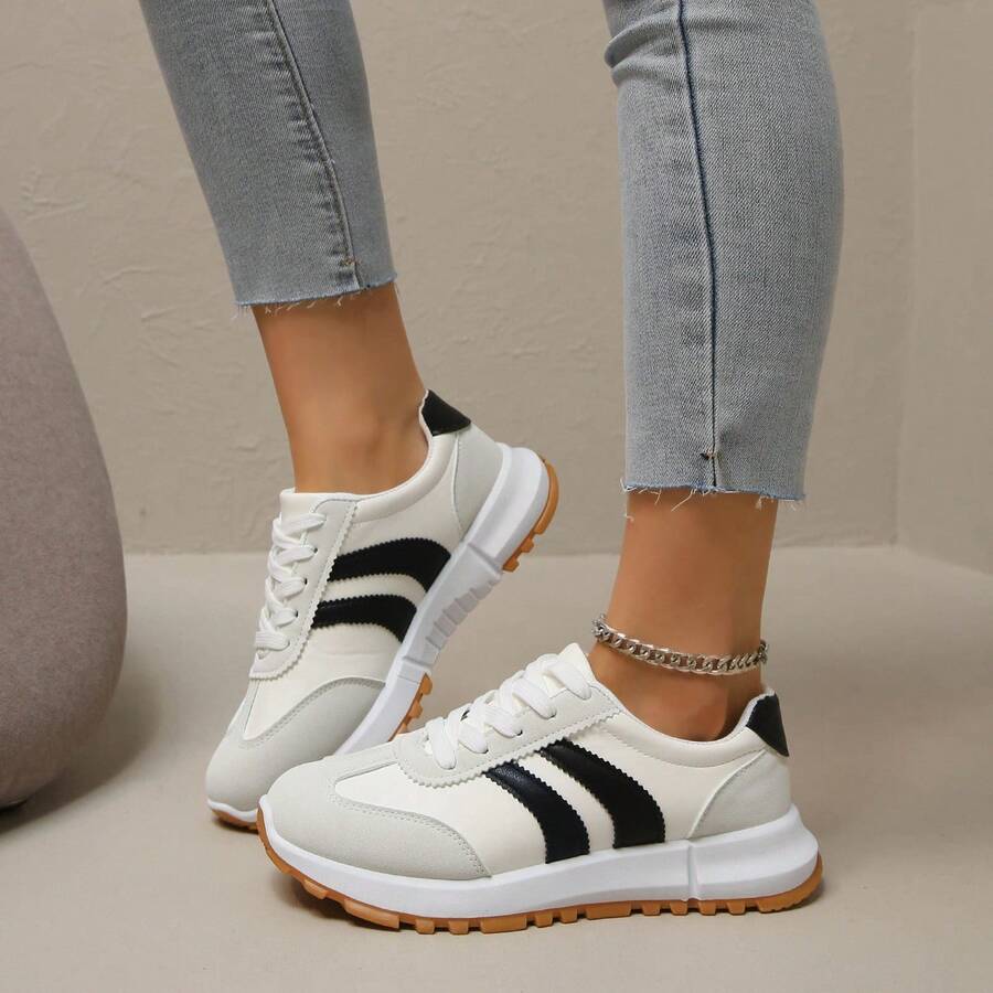 1 Pair Elegant Casual Preppy Fashion PU Leather Lace-Up Sneakers, Suitable For School, Party, Office, Outdoor, All Seasons - White - View 1