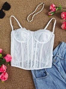 Y2K Lace Spaghetti Straps Underwire Boned Crop Top - Women's Bust-Enhancing Slimming - White - View 8