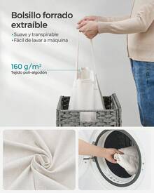 SONGMICS Cesta de Almacenamiento, Cesta de Lavandería de 90 L con Tapa, Plegable, Bolsas de Tela Extraíbles y Asas, para Mantas, Ropa, Salón, Dormitorio, Lavadería, Gris - Gris - Ver 5