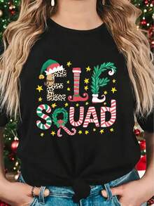 Camiseta de Navidad Elf  para hombres y mujeres - Letras con temática de elfos con estampado de elfo y bastón de caramelo, camiseta casual de manga corta, poliéster lavable a máquina, disfraz de elfo para fiesta o ropa de fiesta (negro con verde/rojo) - Negro - Ver 1