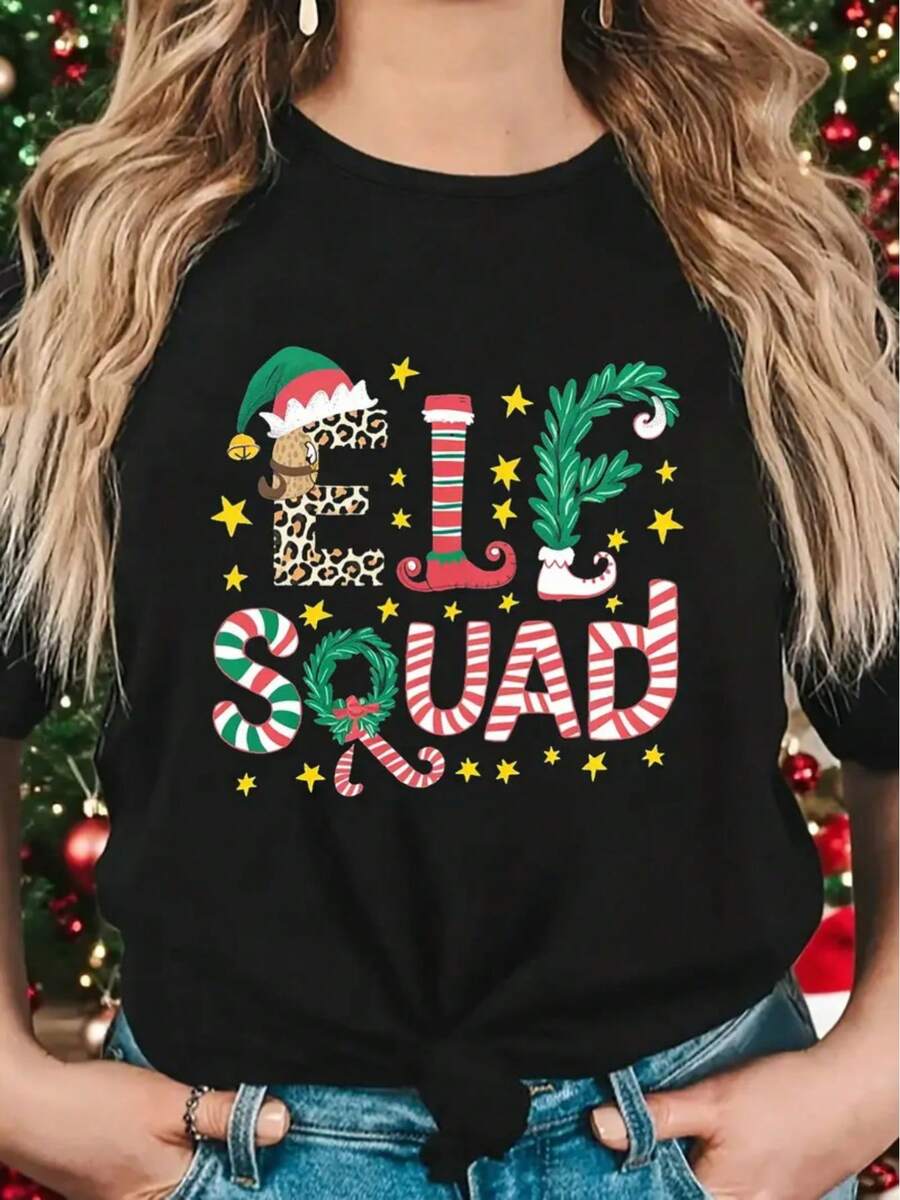 Camiseta de Navidad Elf  para hombres y mujeres - Letras con temática de elfos con estampado de elfo y bastón de caramelo, camiseta casual de manga corta, poliéster lavable a máquina, disfraz de elfo para fiesta o ropa de fiesta (negro con verde/rojo) - Negro - Ver 1