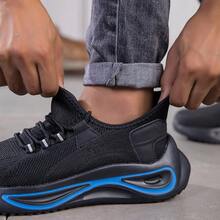 Zapatos con punta de acero, de unicolor, estilo cargo con cordones, versión brillante, zapatos de , para exteriores, para todas las estaciones, zapatos para sitios de construcción, anti-perforación, anti-aplastamiento, unisex - Negro - Ver 9