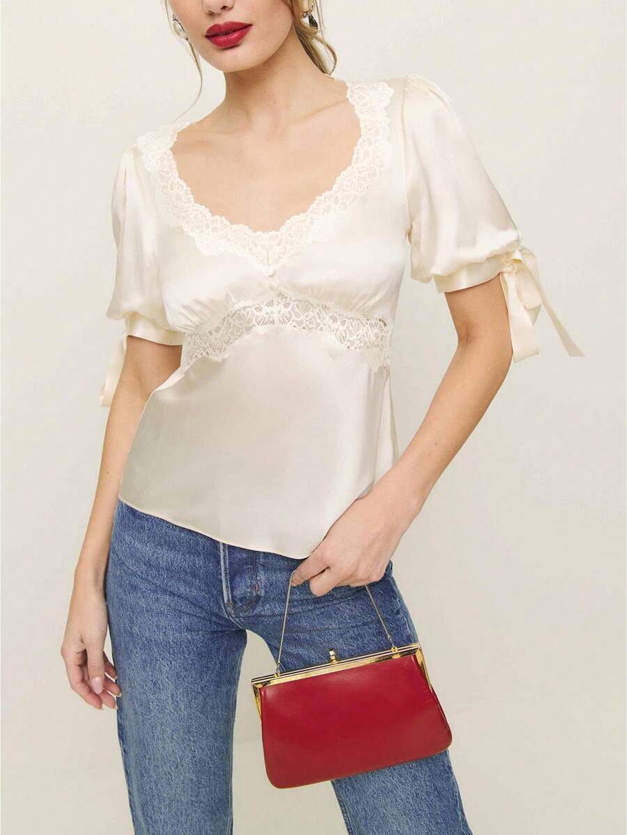 Womens Summer Satin Tops Lace Patchwork Short Puff Sleeves V-Neck Blouse With Adjustable Ribbon Ties - 香檳色 - 查看 1