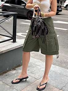 Womens Y2K Drawstring Jean Shorts Summer Elastic Waist Baggy Cargo Denim Shorts Casual Stretch Jorts With Pockets - 軍綠色 - 查看 2