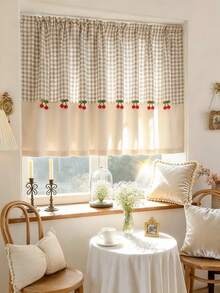 1件乡村风格格子拼接咖啡帘帘幔 - 米色格子图案，柔软亚麻面料，红色樱桃装饰，四季皆宜，复古农舍风格短款咖啡帘，适用于客厅、厨房、浴室窗户装饰 - 米色 - 查看 1