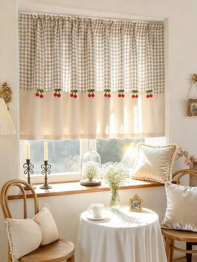 1件乡村风格格子拼接咖啡帘帘幔 - 米色格子图案，柔软亚麻面料，红色樱桃装饰，四季皆宜，复古农舍风格短款咖啡帘，适用于客厅、厨房、浴室窗户装饰