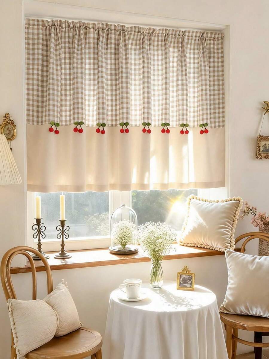1件乡村风格格子拼接咖啡帘帘幔 - 米色格子图案，柔软亚麻面料，红色樱桃装饰，四季皆宜，复古农舍风格短款咖啡帘，适用于客厅、厨房、浴室窗户装饰 - 米色 - 查看 1