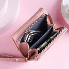 Cartera pequeña con patrón de corazón, detalles de puntada, con cremallera, de cuero PU portátil para tarjeta de identificación, dinero, tarjeta de crédito, minimalista, de moda, moderna, para negocio, aniversario, Navidad, San Valentín, como regalo de cumpleaños para amantes, mujeres, niñas, damas