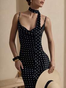 Elegant Women's Sleeveless Polka Dot Dress, Spaghetti Strap Backless Design, Draped Details, Long Pencil Dress, Suitable For Party Wear Black Summer - Black - View 4