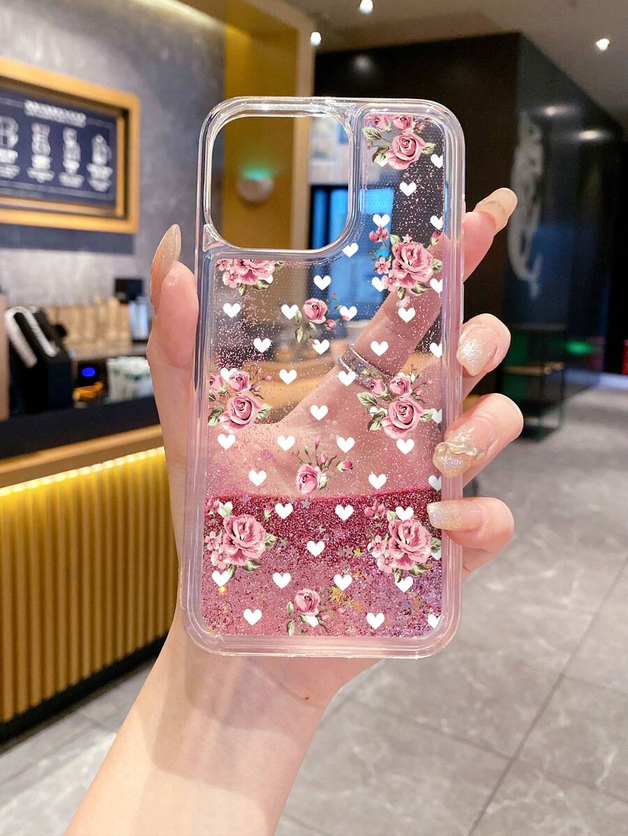 1个透明TPU+PC软硬复合材质粉色流沙花朵元素压花图案防摔手机壳，时尚百搭创意全包手机壳，适合作为礼物送给女朋友、闺蜜、妻子、情侣、家人、老板、同学、老师、同事，生日、节日等场合。 - 彩色 - 查看 1