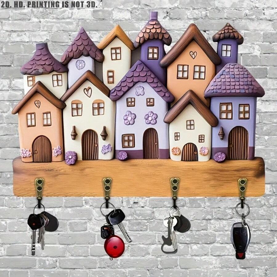 2D Flat, 1pc Rustic Wooden Multifunctional Key Holder Rack With 4 Metal Hooks, Wall Mount Storage Organizer, Entryway Decor, Living Room Accessory, Home Organization Solution For Modern Minimalist - Multicolor - View 1