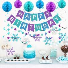 Frozen Birthday Party Decorations - Happy Birthday Banner With Honeycomb Balls, Snowflake Hanging Swirls Streamers, Circle Dots Garland Decorations - Birthday Decorations For S S - Trending, Best Seller, New Arrival, Party Supplies, Elegant Decor, Party Decoration, Wedding & Birthday - 彩色 - 查看 2