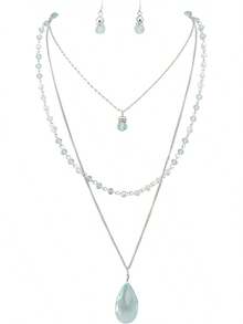 Bocar 3 Layer Jewelry Set Long Chain Pendant Bead Necklace Earring Women - Green - View 7