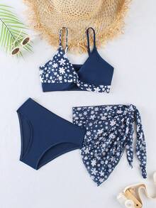 少女三件套雏菊拼接比基尼泳衣套装 - 彩色 - 查看 1
