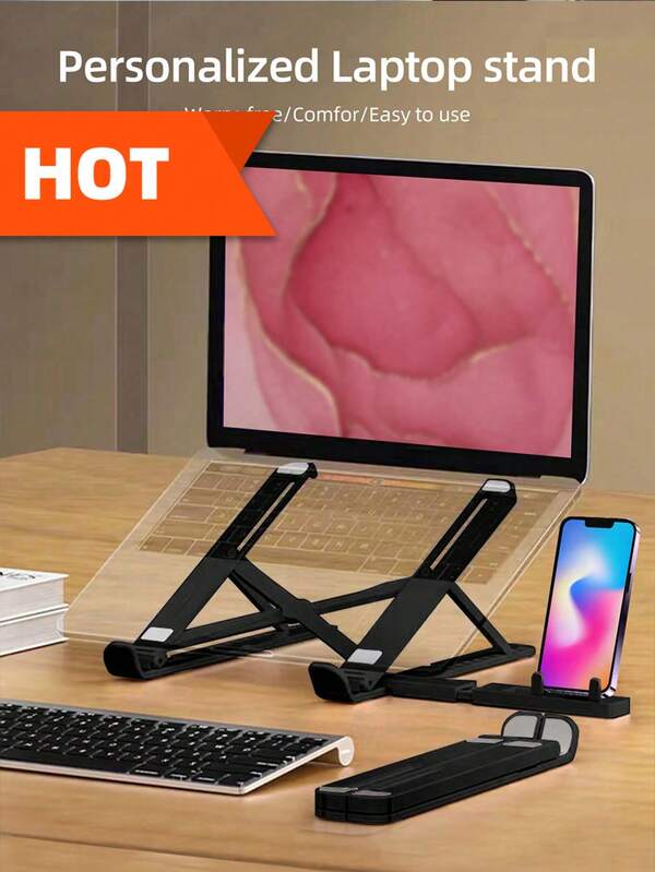 1pc Black Foldable Portable Laptop, Tablet, Smartphone Stand With Expanding Phone Holder & Adjustable Cooling Bracket