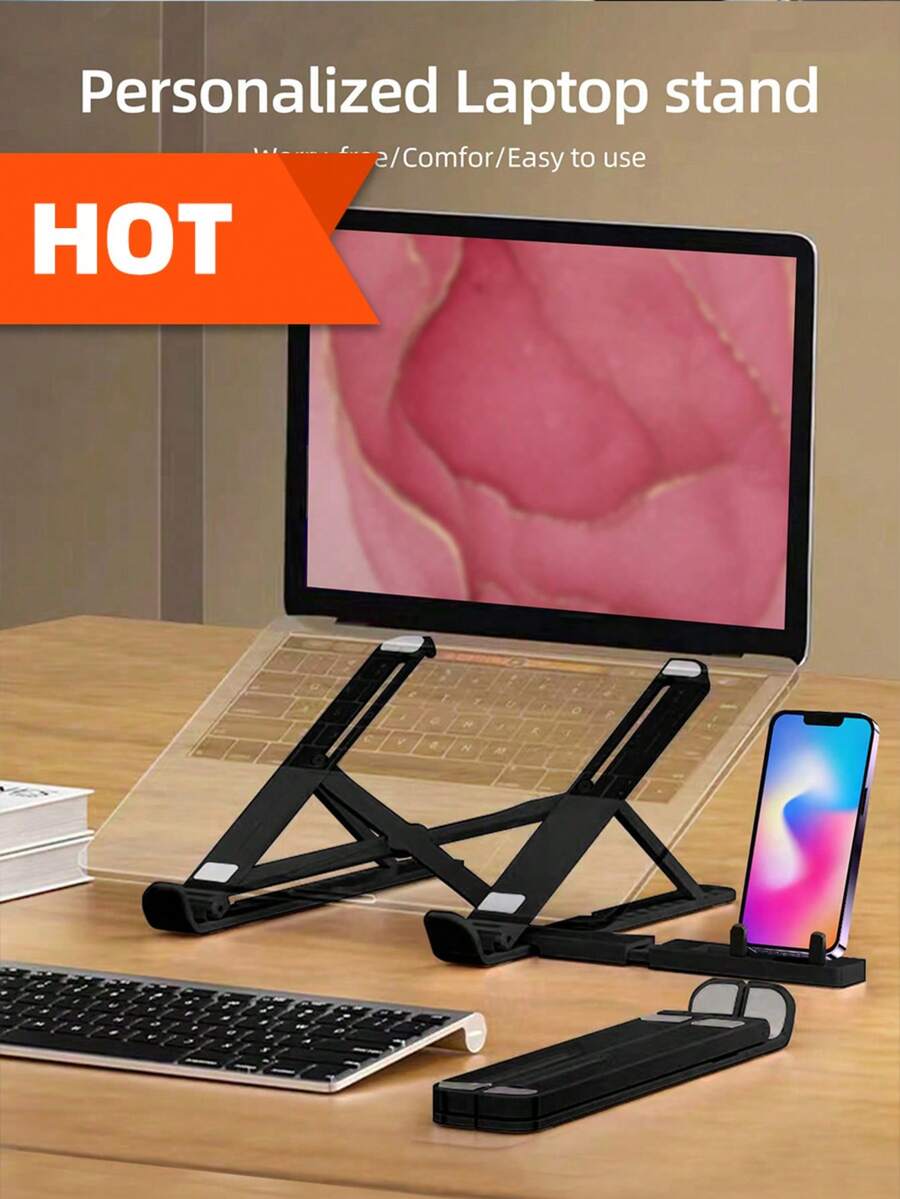 1 Pieza Soporte Portátil Negro Plegable Para Laptop, Tableta, Smartphone Con Soporte Para Teléfono Expandible Y Soporte De Enfriamiento Ajustable