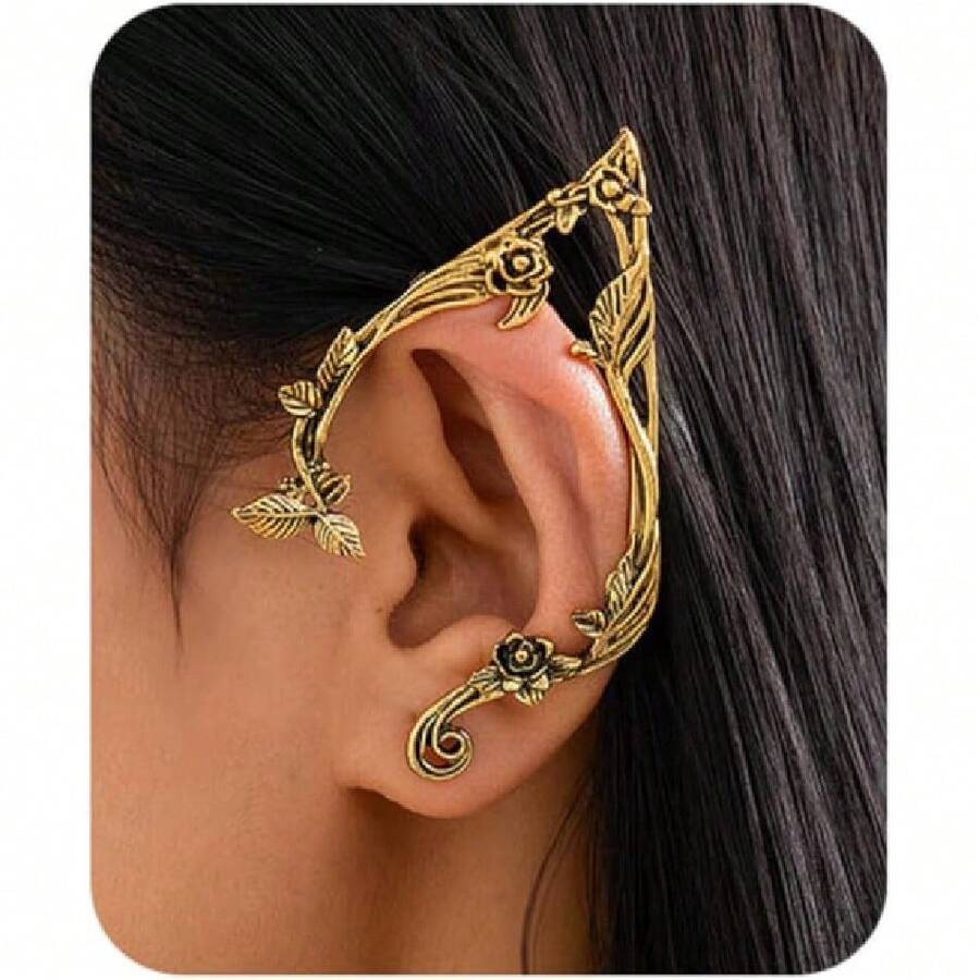 Gothic Ear Cuffs Wrap 2Pcs For Women Silver Gold Cartilage Climber Piercing Earrings Floral Vine Punk Clip-On Statement Retro Jewelry Unique Halloween,26756949 - 金色 - 查看 1