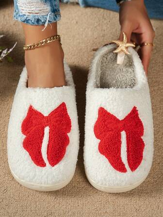 Cute Bow Decor Plush Flat Slippers, Warm & Non-Slip, Casual Home Wear For Winter
