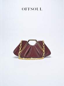 Vintage Asymmetrical Ruffle Cloud Clutch Bag, Unique Metal Hardware Handbag, High-End Retro Clutch Purse For Party, Banquet - 酒紅色 - 查看 4