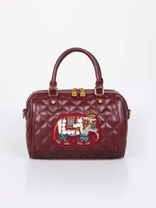 Geantă de pernă Boston cu model de elefant brodat, vintage nouă, la modă, 2025, geantă de mână pentru femei cu model de bowling, versatilă și rafinată, geantă de umăr crossbody de mare capacitate pentru navetiști