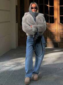 HH 女式冬季优雅纯色仿皮草效果长袖开衫外套女式休闲高街口袋外套