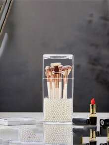 1pc Dust Cover Makeup Brush Holder, Acrylic Makeup Brush, Lipstick, Eyebrow Pencil Storage Box, Multi-Functional Cosmetic Organizer And Cup, Desktop Makeup Brush, Lipstick, Eyebrow Pencil Storage Bucket, Vanity Organizer Box, Creative Makeup Brush Storage Bucket, Lipstick, Eyebrow Pencil, Stationery And Pen, Ideal Desktop Decor Cosmetic Bathroom Vanity Dust-Proof Storage Box, Gift For Women, Christmas Gift, New Year Gift - Transparent - View 8