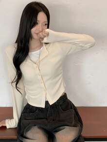 2025 Spring/Autumn Casual Versatile Women Button-Up Cardigan Sweater - Apricot - View 2