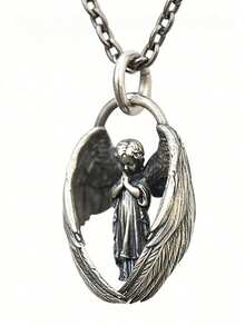 男士天使裝飾橢圓形吊墜項鍊 - 銀色 - 查看 4