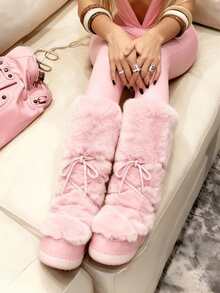 Knee High Boots For Women,Fuzzy Flat Round Toe Rhinestone Lace-Up Slip On Warm Shoes Winter Outdoor Party Chirstmas And Halloween Snow Boots - Hồng - Xem 2