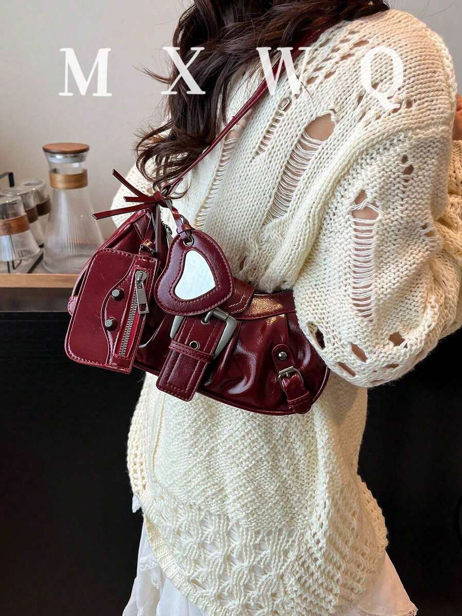 1pc Women's Vintage Mad Max Punk Wanderer Motorcycle Bag With Rivet Decoration, Adjustable Shoulder Strap, Large Capacity, Soft Faux Oil Wax Gradient Color, One Shoulder Underarm Bag, Baguette Bag, Square Bag, Suitable For Work, Commute, Date, Party