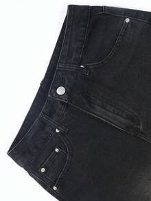 Womens Casual Black Denim Ripped Straight Leg Jeans With Pockets And Zipper Long Plain Style - 黑色 - 查看 8