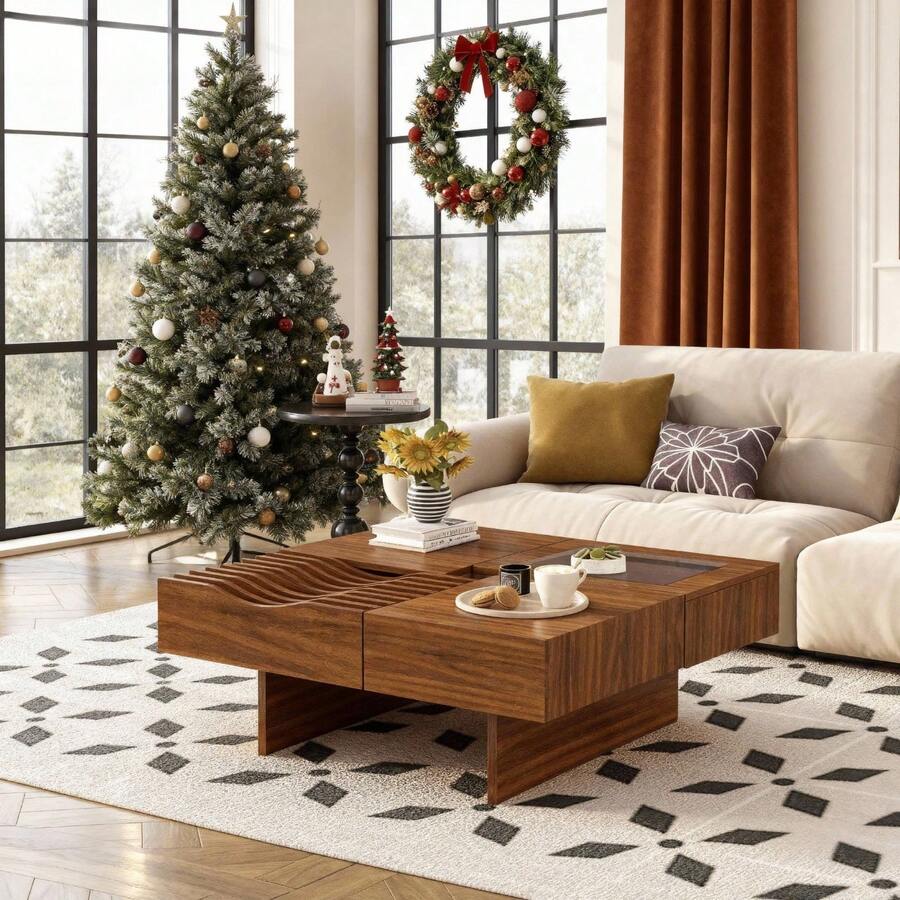 Holiday Coffee Table – 47" Modern Wood Table With Tempered Glass, Fluted Style & Drawers, Ideal For Christmas Living Room - Brown + Solid Wood+MDF+Glass - View 1