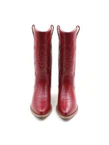 Lurnyet Cowboy Boots For Women Cowgirl Western Boots Fashion Embroidery Stitched Chunky Heel Mid Calf Boots WACOW-2 - 紅色 - 查看 1
